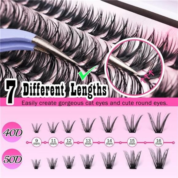 DIY Lash Extension Kit Cluster Lashes Bond Seal Tweezers Volume D Curl 280pcs - Picture 5 of 7